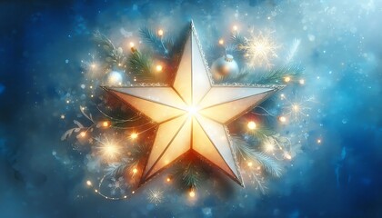 luminous christmas star with watercolor textures on frosted blue background with soft edges and copy space