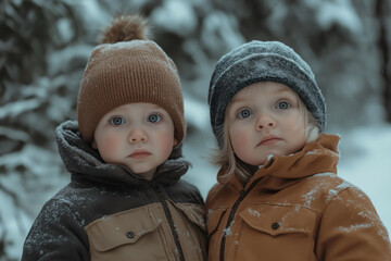 two adorable Caucasian toddlers dressed in modern warm winter clothes, enjoying a snowy day outdoors, perfect for family and lifestyle themes