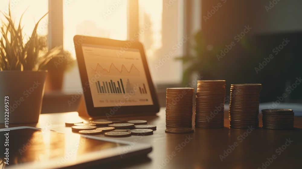Poster stacks of coins showing increasing profits are displayed on a wooden office desk at sunset, next to 