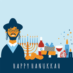 Hanukkah.Traditional Jewish festival of light.Vector illustration with Jewish men and Hanukkah objects on blue  background.  Banner, poster, web design,greeting card.