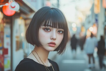 Fototapeta premium 都会の通りで立っている女性の表情とスタイルに焦点を当てた瞬間