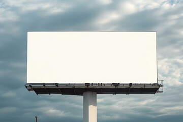 Obraz premium Blank wide large display or white billboard against blue sky with white clouds - mock up. Template, consumerism, advertising, white screen, copy space and mockup concept