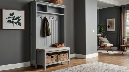 Gray hall tree with bench, storage, hooks in home entryway.