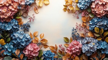 A decorative arrangement of colorful flowers framing a light background.