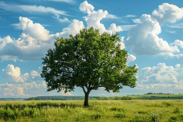 Obraz premium Lonely tree in the field on a background of blue sky