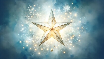 soft glowing christmas star painted in a watercolor style with frosty white and blue background and copy space