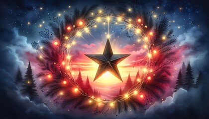 watercolor christmas star surrounded by soft glowing lights on dreamy sunset inspired background and copy space