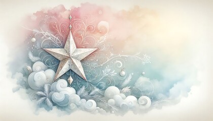 delicate watercolor christmas star painted in pastel tones with swirling clouds soft gradient background and copy space