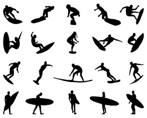Black silhouettes surfers on a white background