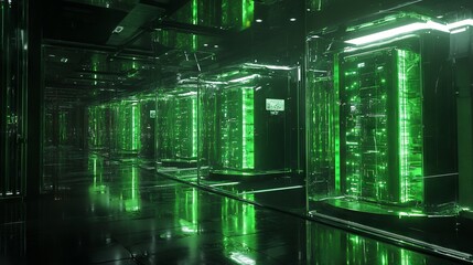 Futuristic Green Data Center with Glowing Machines - AI generated illustration