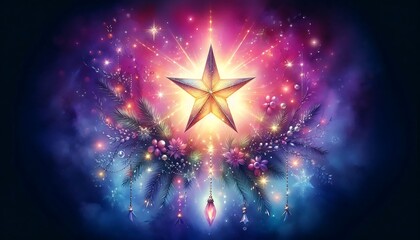 luminous watercolor christmas star on dreamy purple and pink gradient background with delicate sparkles and copy space