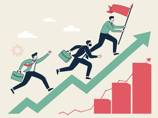 Determination and perseverance to meet challenges, milestones, step-by-step completion of tasks, business progress tracking and management, businessmen running around corners and reaching goals one by