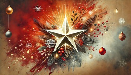 radiant christmas star with watercolor brushstrokes on a cozy orange and red background and copy space