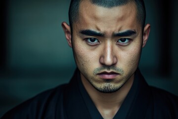 Obraz premium 日本の伝統的な武道道場での真剣な表情の男性