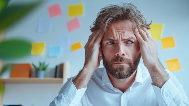 Frustrated man in office struggling with stress and work pressure