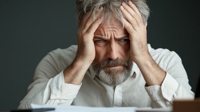 Man in distress with hands on head showing frustration at work