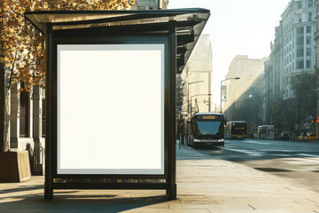 Blank advertising billboard mockup at a bus stop in madrid city,with a blue bus and historical building in the background
