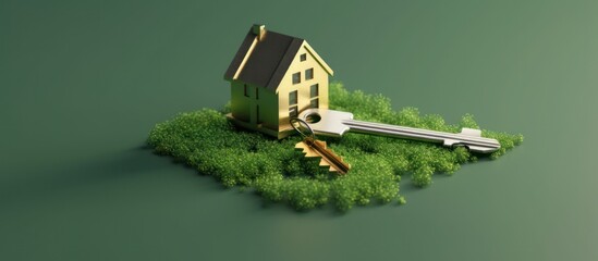 Naklejka premium A golden house model with keys on a bed of green grass.