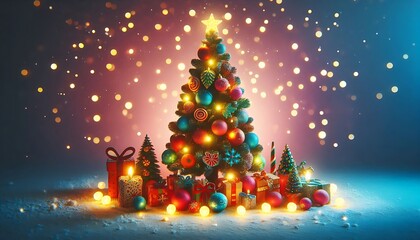 colorful christmas tree glowing with lights and placed on solid background with copy space