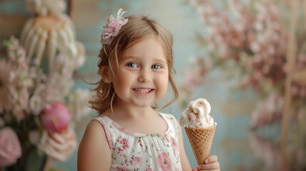 A beautiful sweet girl with blue eyes, blonde hair, a flower clip in her hair, smiling and holding a waffle cup with ice cream in her hand. A place for text, nice pink shades. A happy child