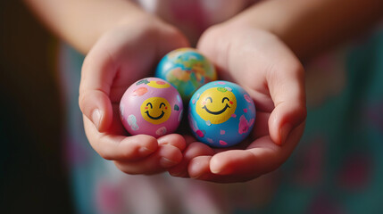 Children's hands holding tiny Earth globes, each painted with a smiley face - Playful and cheerful, bright natural light