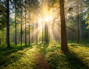 Forest with sunlight breaking through, symbolizing leadership as a guiding light for progress