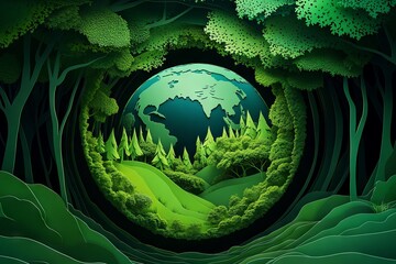 Surreal Earth in Sphere with Green Forest Landscape and Paper Cutout Effect. AI generated illustration
