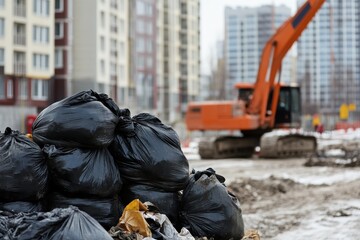 Pile of Black Garbage Bags Near Construction Site with Heavy Excavator in Background Under Cloudy Sky in Urban Environment