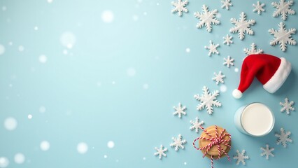 Playful Christmas setup featuring a red Santa hat, a stack of cookies with ribbon, a glass of milk, and decorative snowflakes on a pastel blue background.