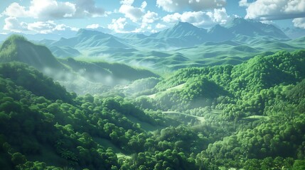 Obraz premium illustration of a mountain landscape and green forest