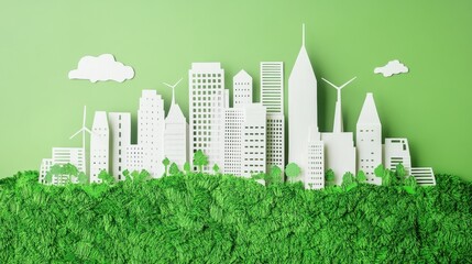 Paper cut eco city with renewable energy, smart transport, nature-filled spaces, sustainable living, solar rooftops, green public areas, electric cars, modern green buildings