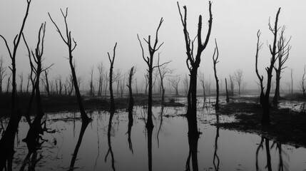 Fototapeta premium Haunting Reflections: Bare Trees in a Misty Landscape