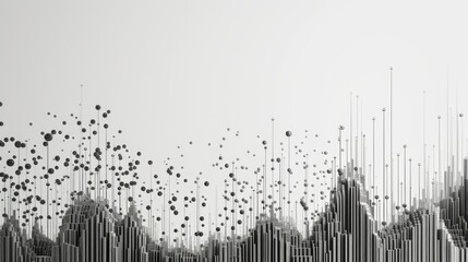 A dynamic black and white abstract visualization featuring tall vertical lines and scattered spheres, resembling data points in a futuristic 3D landscape. The image conveys a modern, tech-driven