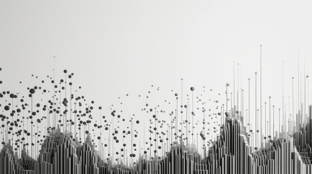 A dynamic black and white abstract visualization featuring tall vertical lines and scattered spheres, resembling data points in a futuristic 3D landscape. The image conveys a modern, tech-driven