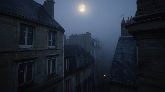 Moonlit Parisian Rooftops in Misty Twilight