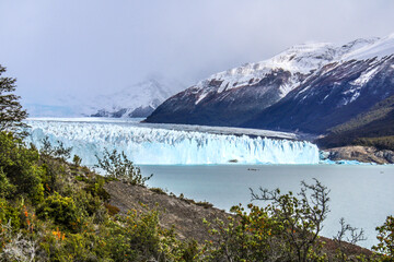 Province of Santa Cruz, Argentina - April 1, 2024: 
The Perito Moreno Glacier, an Ice Giant at the End of the World, is located in the southern sector of Los Glaciares National Park. 