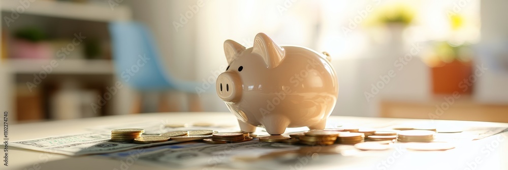Poster white piggy bank is standing on a pile of dollar bills and coins representing the concept of saving 