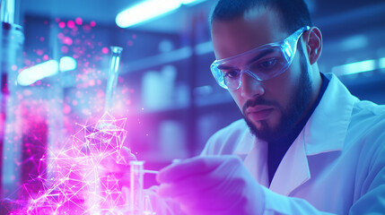Bright Chemistry Lab with Researchers and Glowing Test Tube