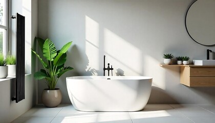 Fototapeta premium A modern bathroom with a freestanding bathtub, a vertical radiator, and potted plants decorating the space, created with generative ai