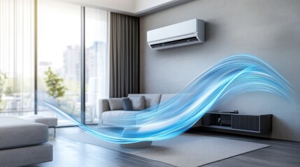 Blue waves of fresh clean air in apartment with air conditioner, fresh scent and air filtration
