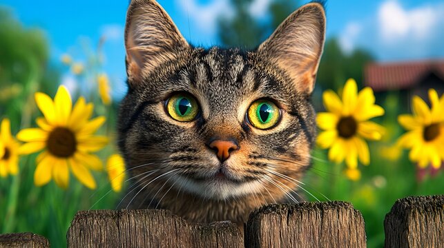 A cat looking over a wooden fence in a field of flowers