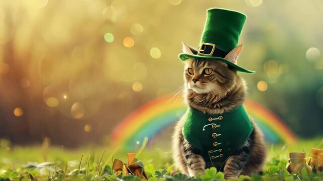 Cat wearing green leprechaun hat and costume with rainbow and clovers. Luck and fortune concept. Greeting card with copy space. St Patrick's Day celebration. Irish culture, Ireland