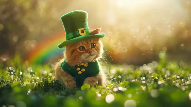 Kitten in leprechaun hat in meadow with rainbow background. Luck and fortune concept. Greeting card with copy space. St Patrick's Day celebration. Irish culture, Ireland