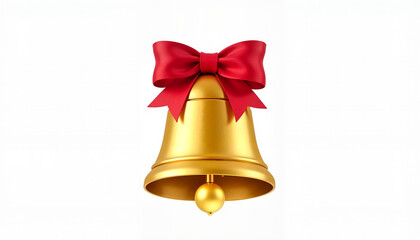 Golden bell with red ribbon on white background, festive decoration