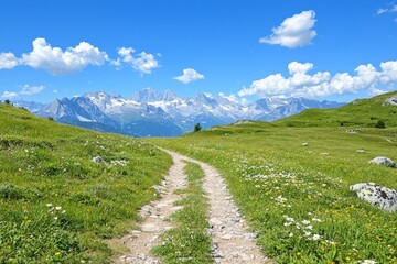 Serene Mountain Trail with Snow-Capped Peaks and Wildflowers in Summer