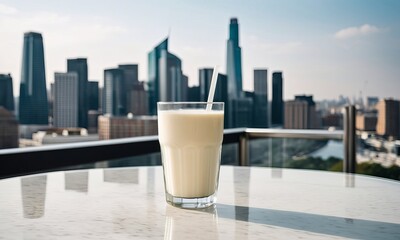 Obraz premium Almond milk smoothie offers a refreshing taste, elegantly presented in a glass against a stunning city skyline Perfect for a healthy start to the day or a midday boost