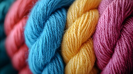 Three skeins of yarn in vibrant colors—blue, yellow, and pink—displayed in close-up, showcasing their rich texture and softness.