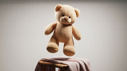 A floating teddy bear in a studio setting