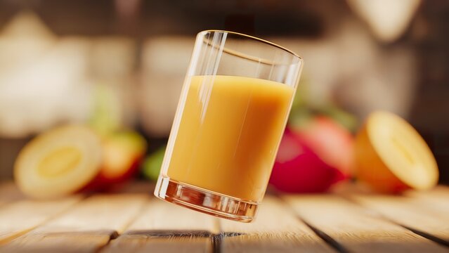 A glass of orange juice floating in the air