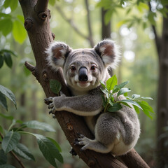 Fototapeta premium Adorable koala hugging a tree branch in lush green forest